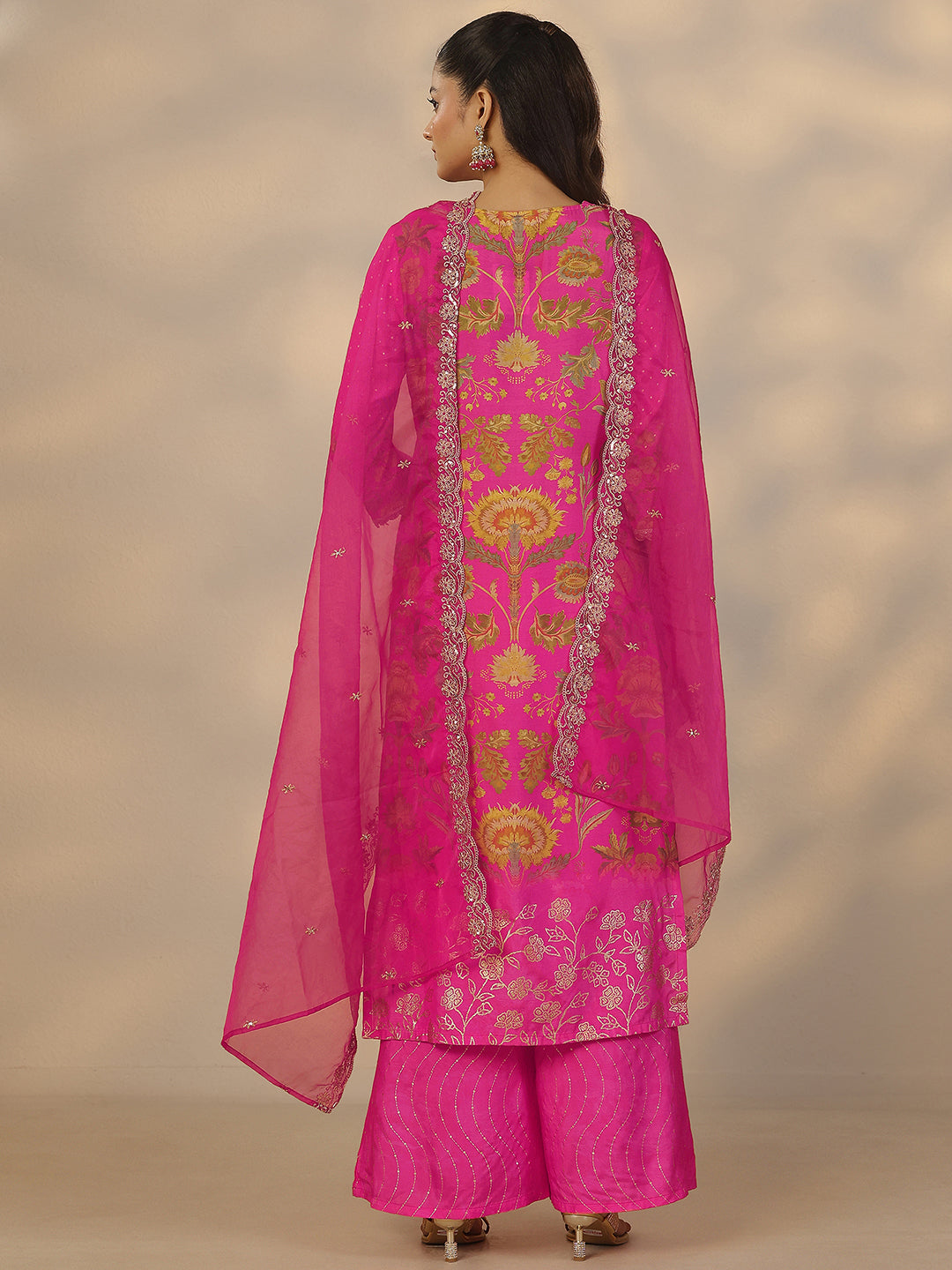 Pink Printed Silk Blend Straight Suit Set With Dupatta