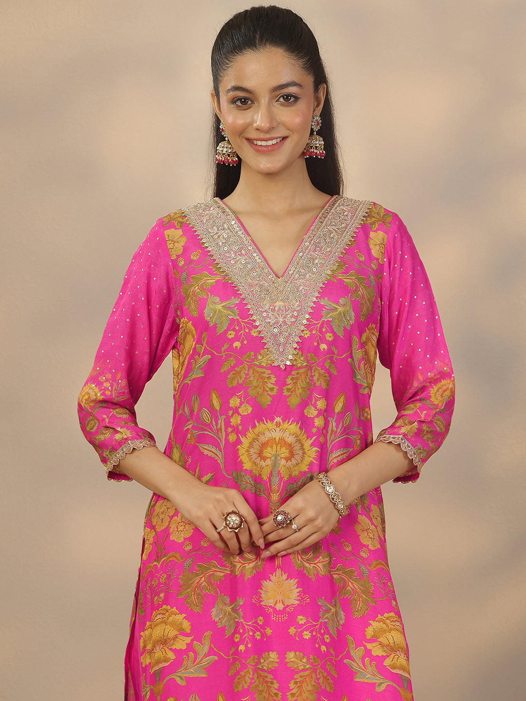 Pink Printed Silk Blend Straight Suit Set With Dupatta