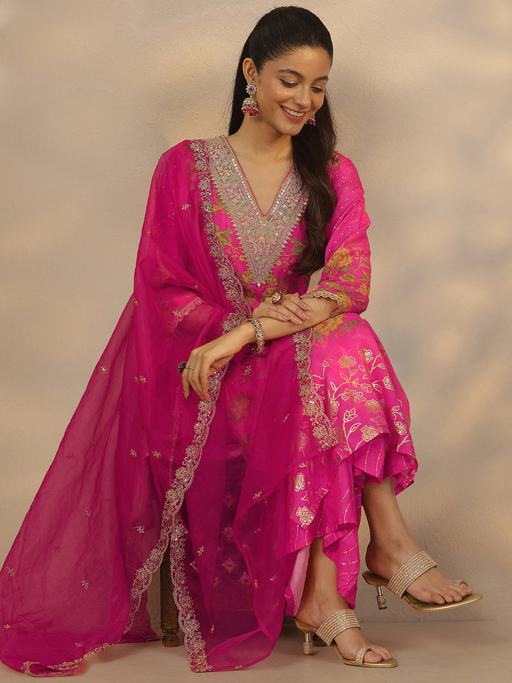 Pink Printed Silk Blend Straight Suit Set With Dupatta