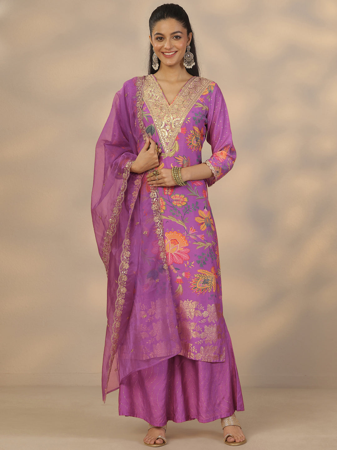 Purple Printed Silk Blend Straight Suit Set With Dupatta