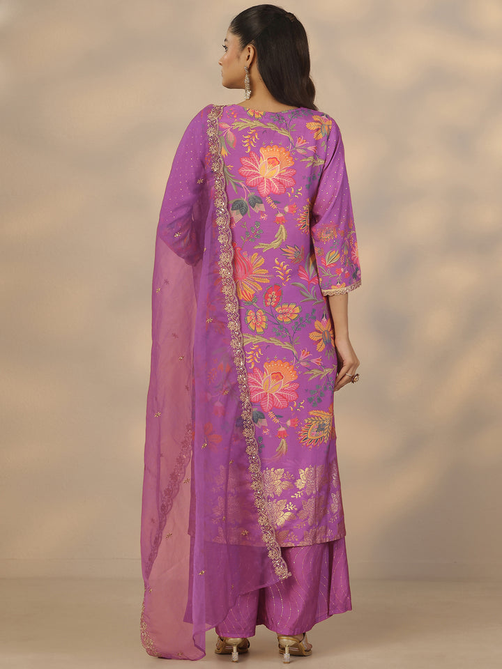 Purple Printed Silk Blend Straight Suit Set With Dupatta