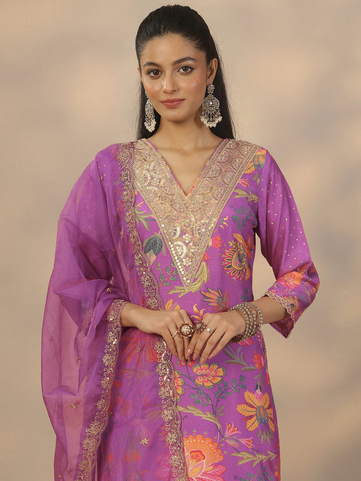 Purple Printed Silk Blend Straight Suit Set With Dupatta