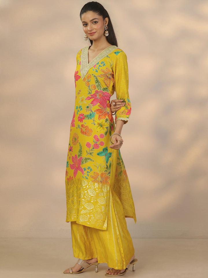 Mustard Printed Silk Blend Straight Suit Set With Dupatta