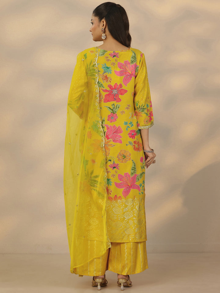 Mustard Printed Silk Blend Straight Suit Set With Dupatta