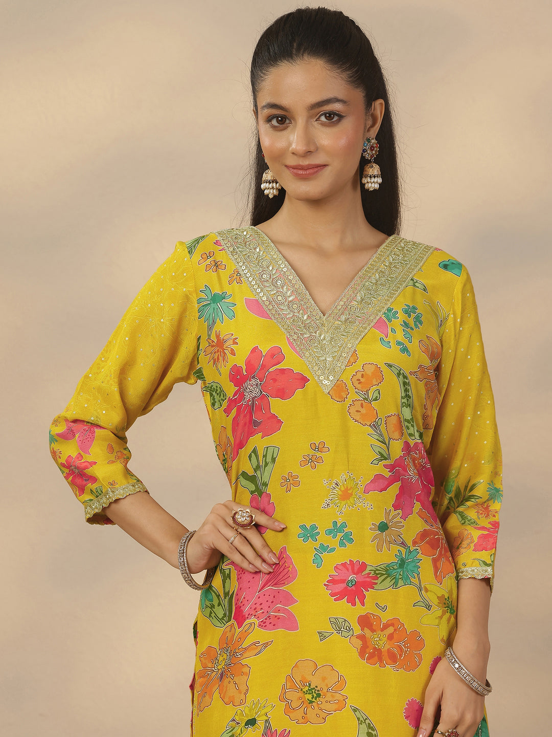 Mustard Printed Silk Blend Straight Suit Set With Dupatta