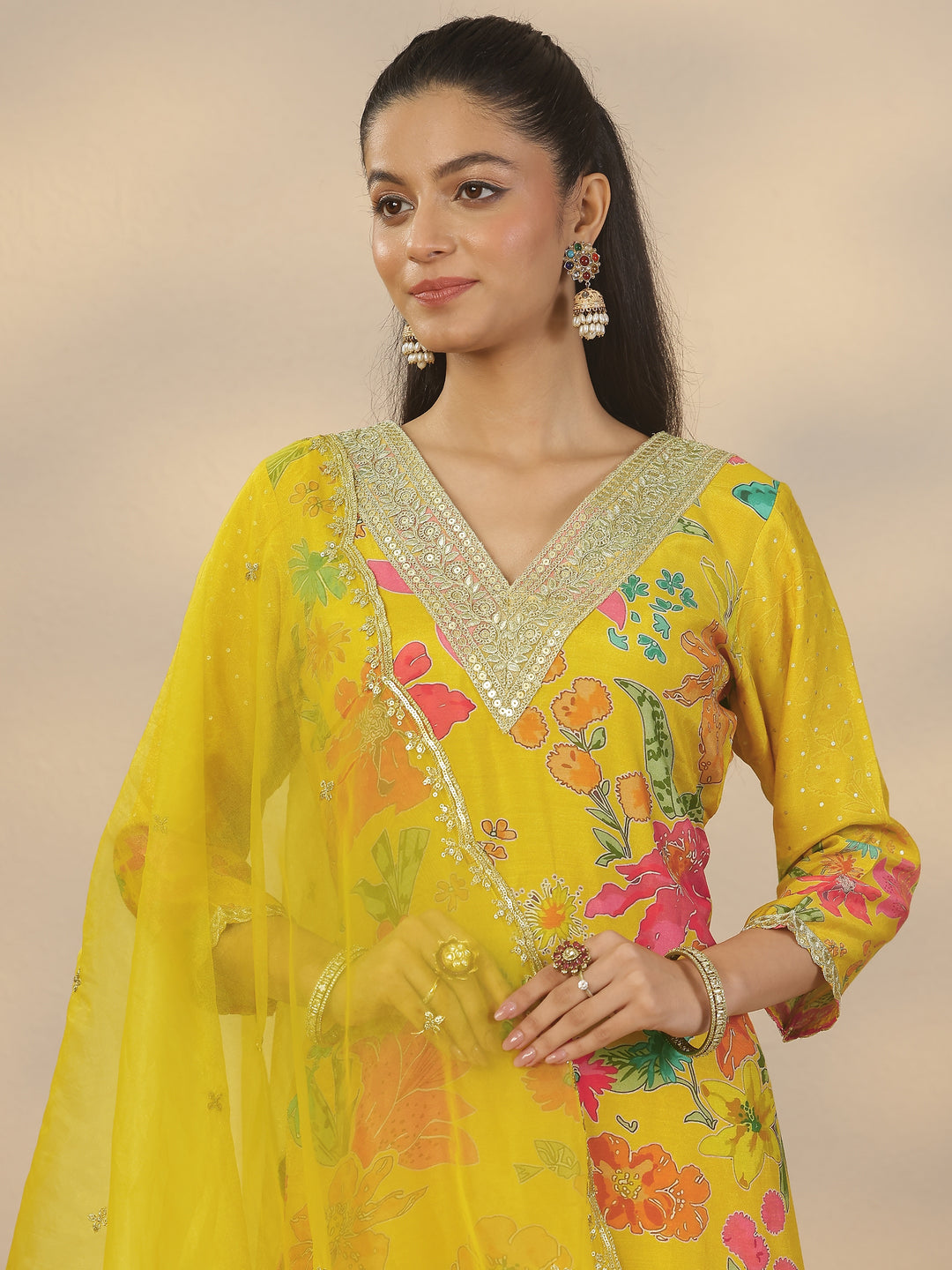 Mustard Printed Silk Blend Straight Suit Set With Dupatta