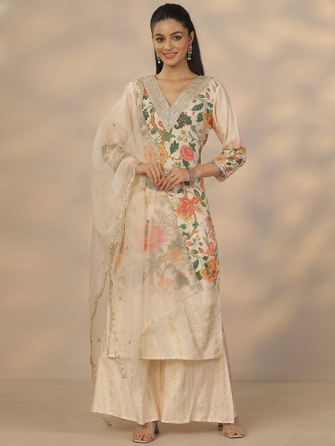 Off White Printed Silk Blend Straight Suit Set With Dupatta