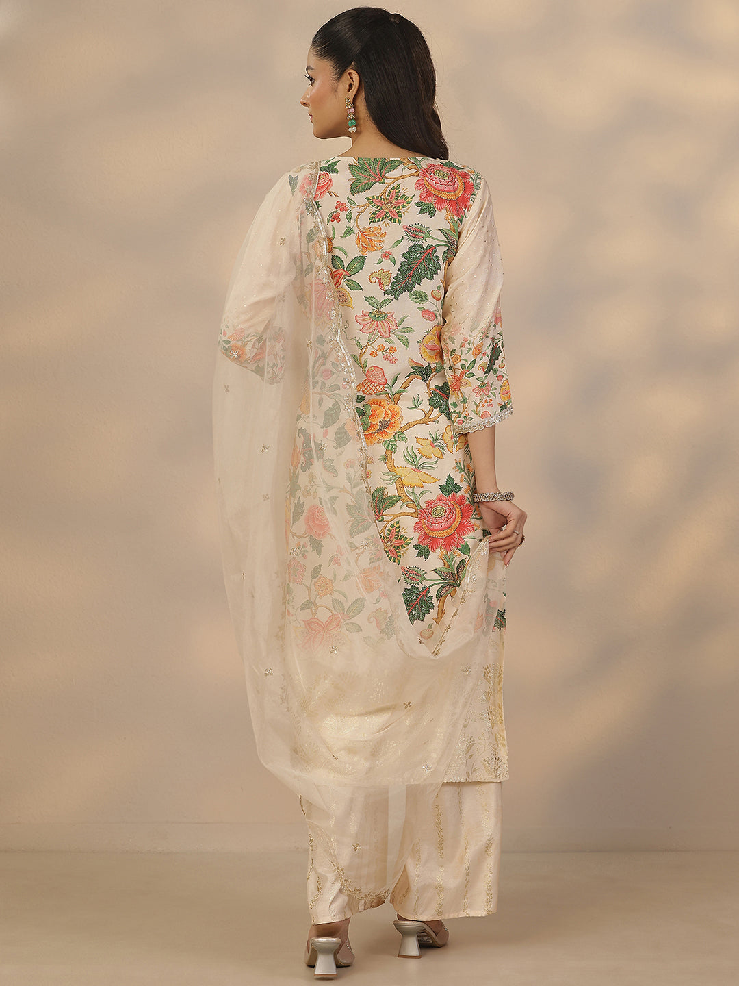 Off White Printed Silk Blend Straight Suit Set With Dupatta