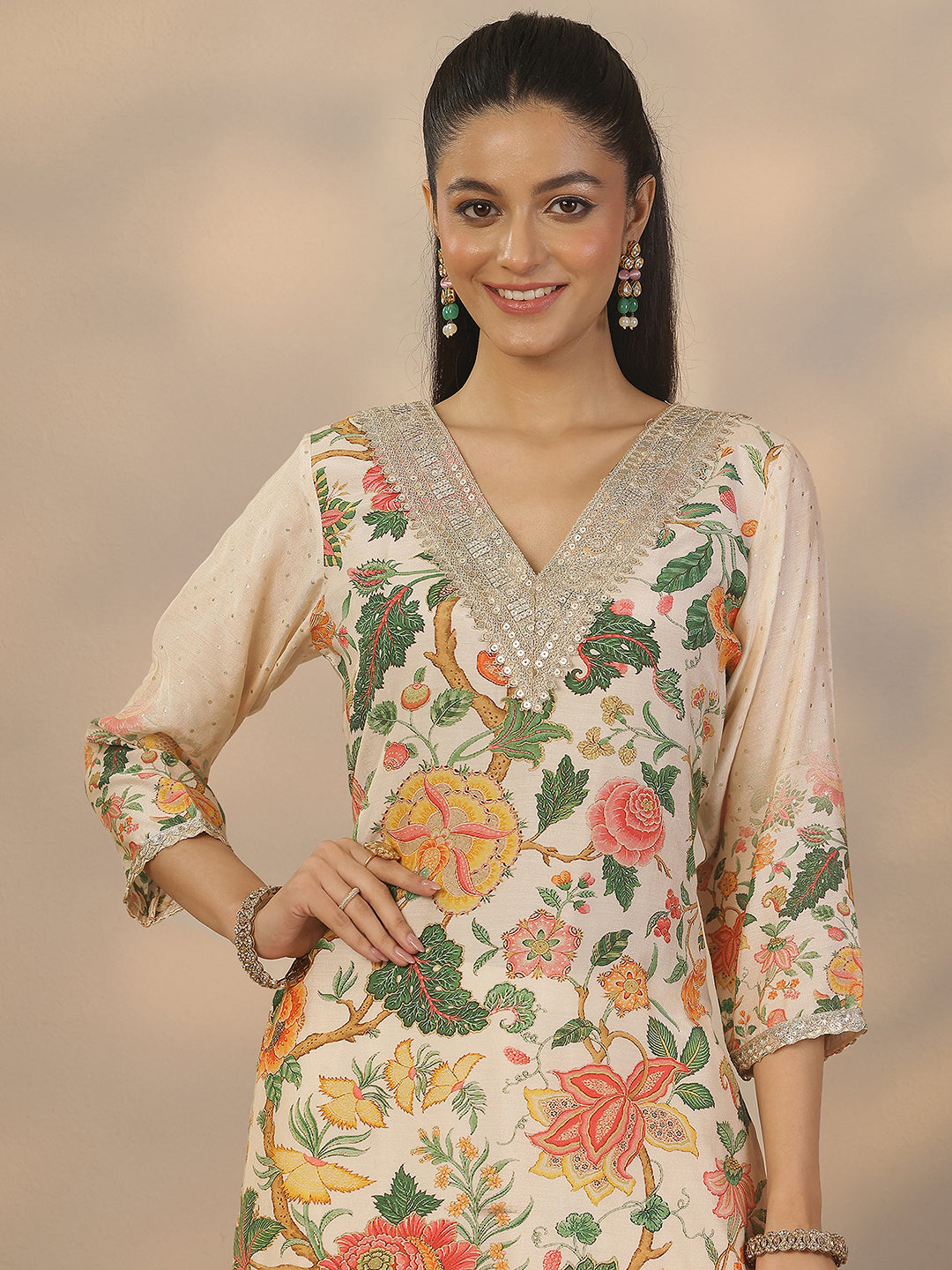 Off White Printed Silk Blend Straight Suit Set With Dupatta