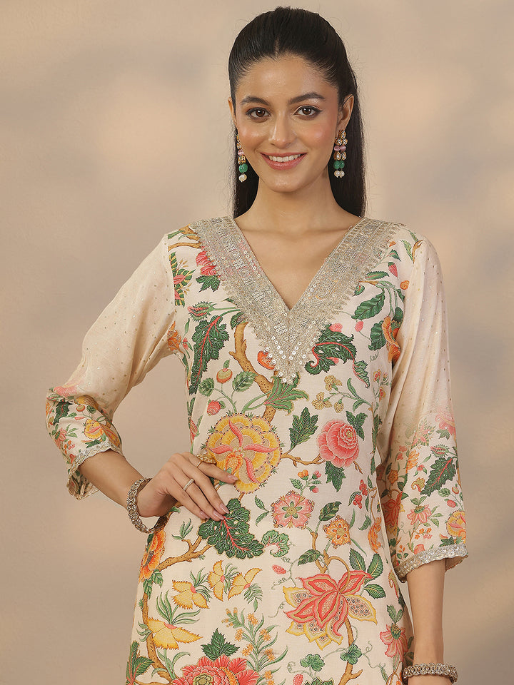 Off White Printed Silk Blend Straight Suit Set With Dupatta