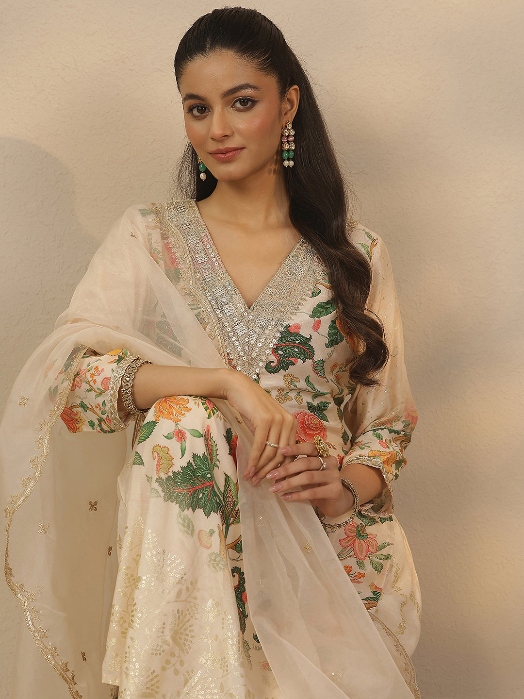 Off White Printed Silk Blend Straight Suit Set With Dupatta