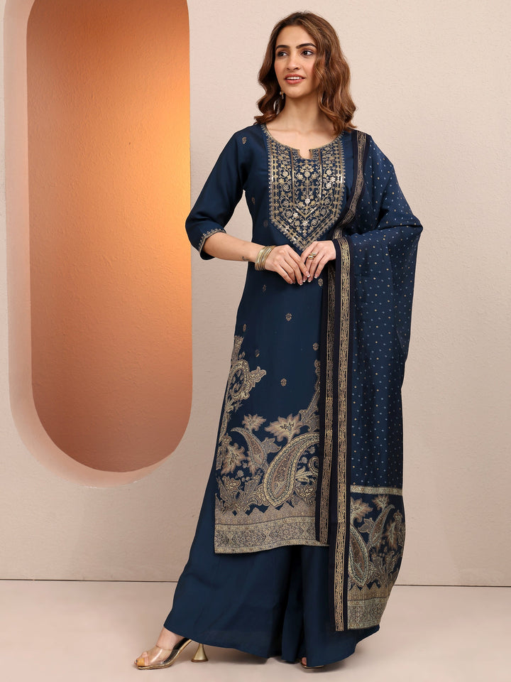 Blue Paisley Printed Silk blend Straight Suit Set With Dupatta