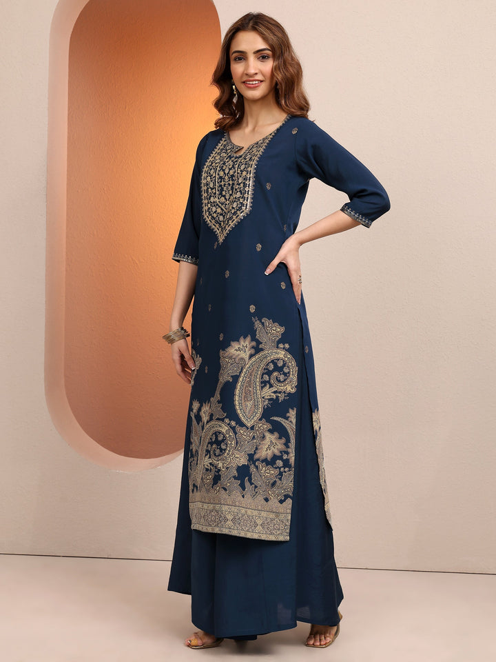 Blue Paisley Printed Silk blend Straight Suit Set With Dupatta