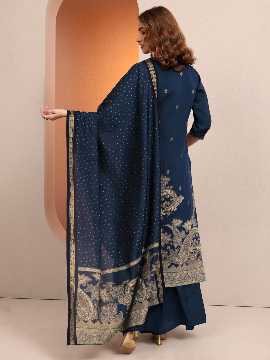 Blue Paisley Printed Silk blend Straight Suit Set With Dupatta