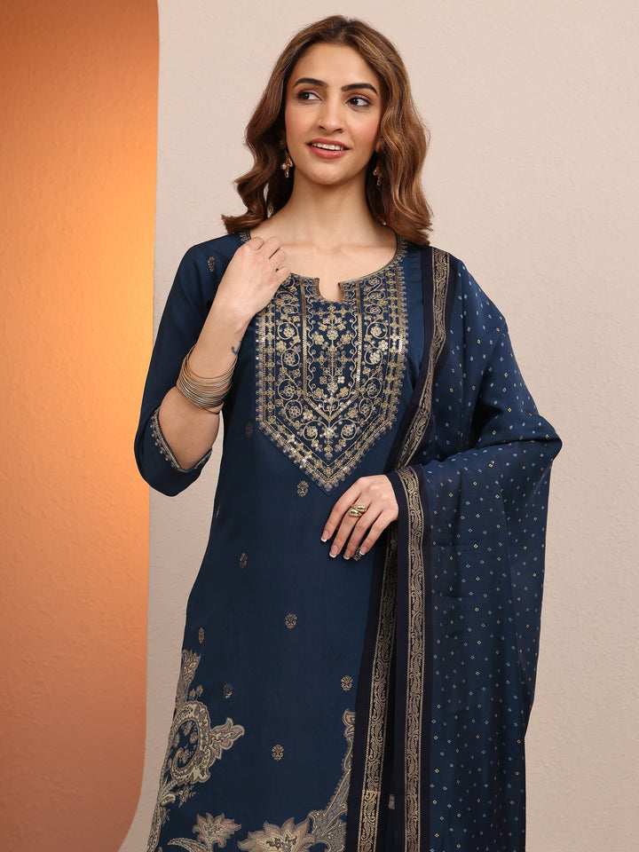 Blue Paisley Printed Silk blend Straight Suit Set With Dupatta