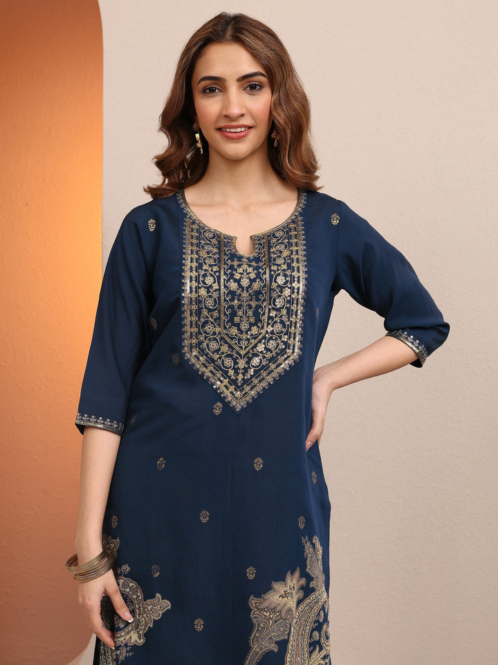 Blue Paisley Printed Silk blend Straight Suit Set With Dupatta