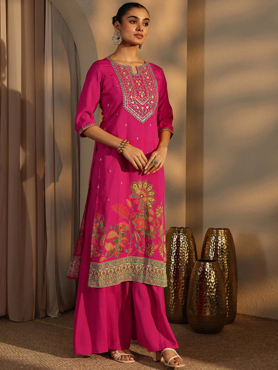 Pink Embroidered Silk Blend Straight Suit Set With Dupatta