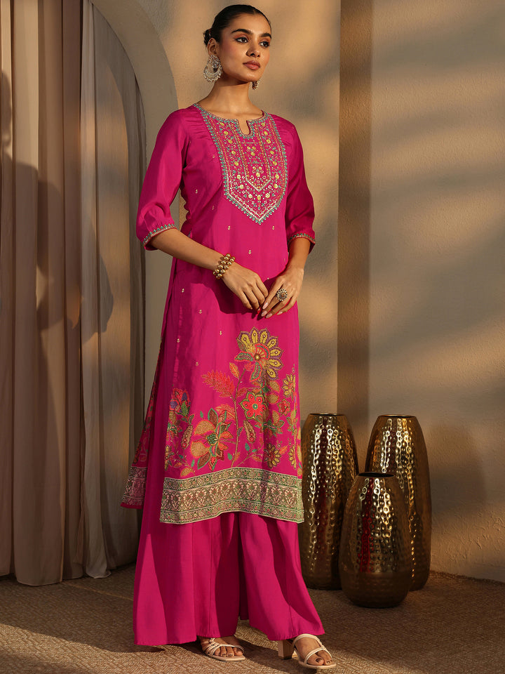 Pink Embroidered Silk Blend Straight Suit Set With Dupatta