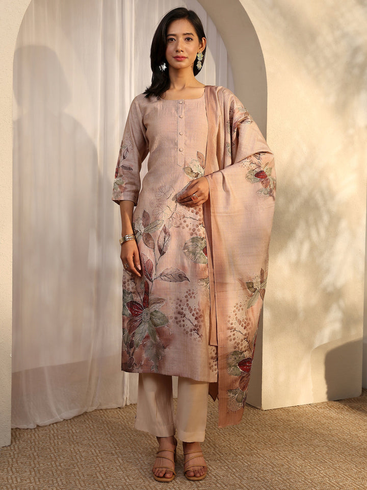Beige Printed Silk Blend Straight Suit Set With Dupatta