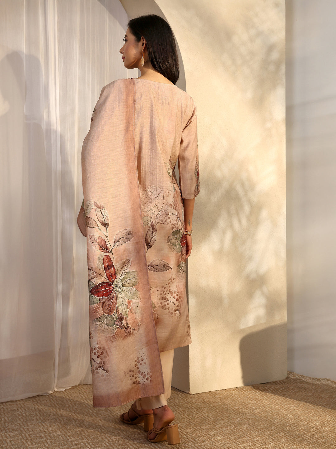 Beige Printed Silk Blend Straight Suit Set With Dupatta