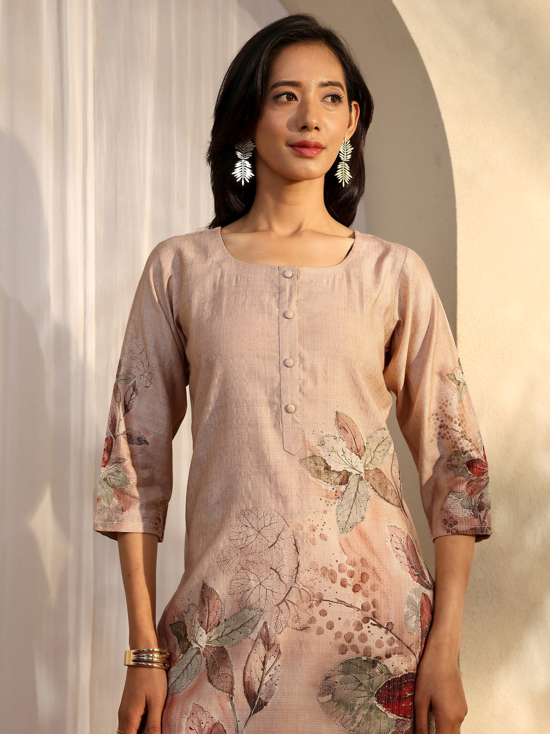 Beige Printed Silk Blend Straight Suit Set With Dupatta