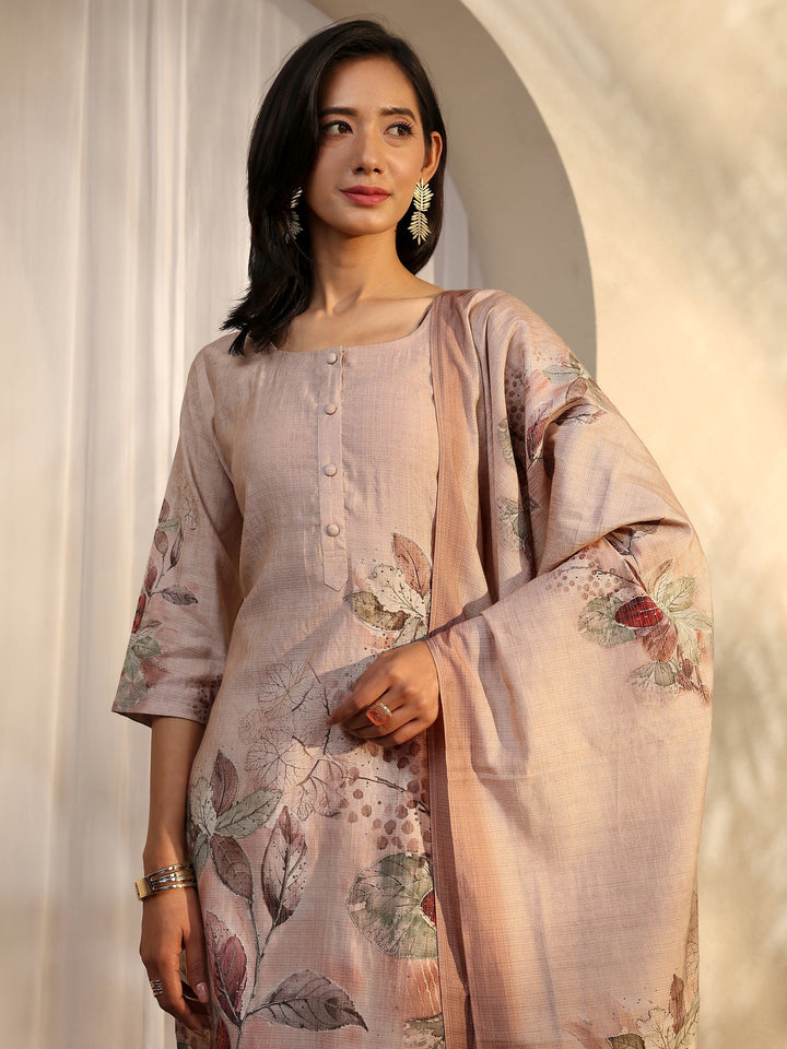 Beige Printed Silk Blend Straight Suit Set With Dupatta