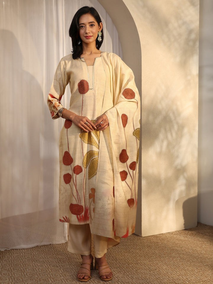 Off White Printed Silk Blend Straight Suit Set With Dupatta