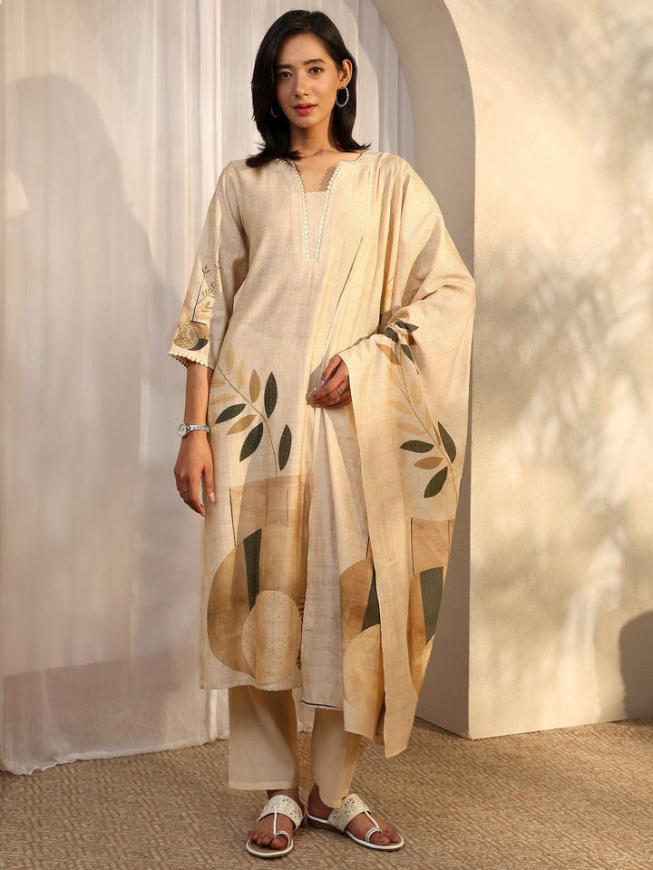 Off White Printed Silk Blend Straight Suit Set With Dupatta