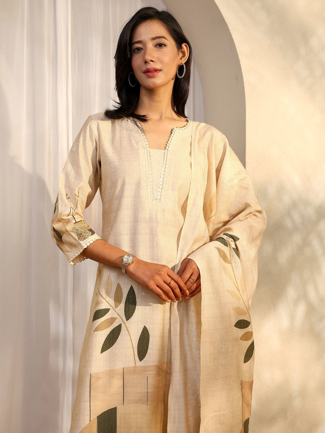 Off White Printed Silk Blend Straight Suit Set With Dupatta
