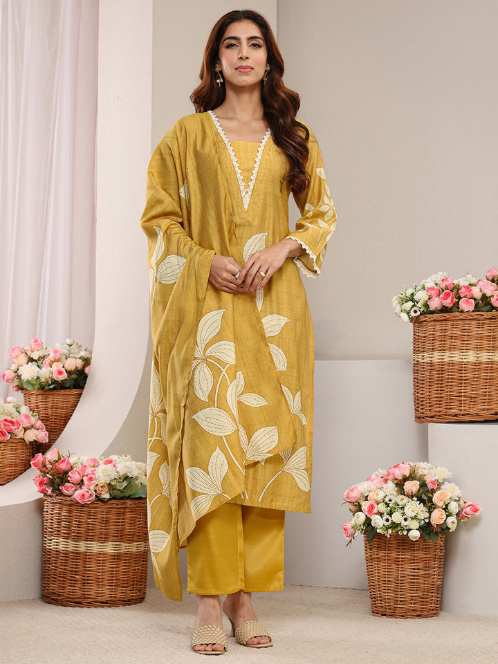 Mustard Floral Printed Silk-Blend Straight Suit Set With Dupatta