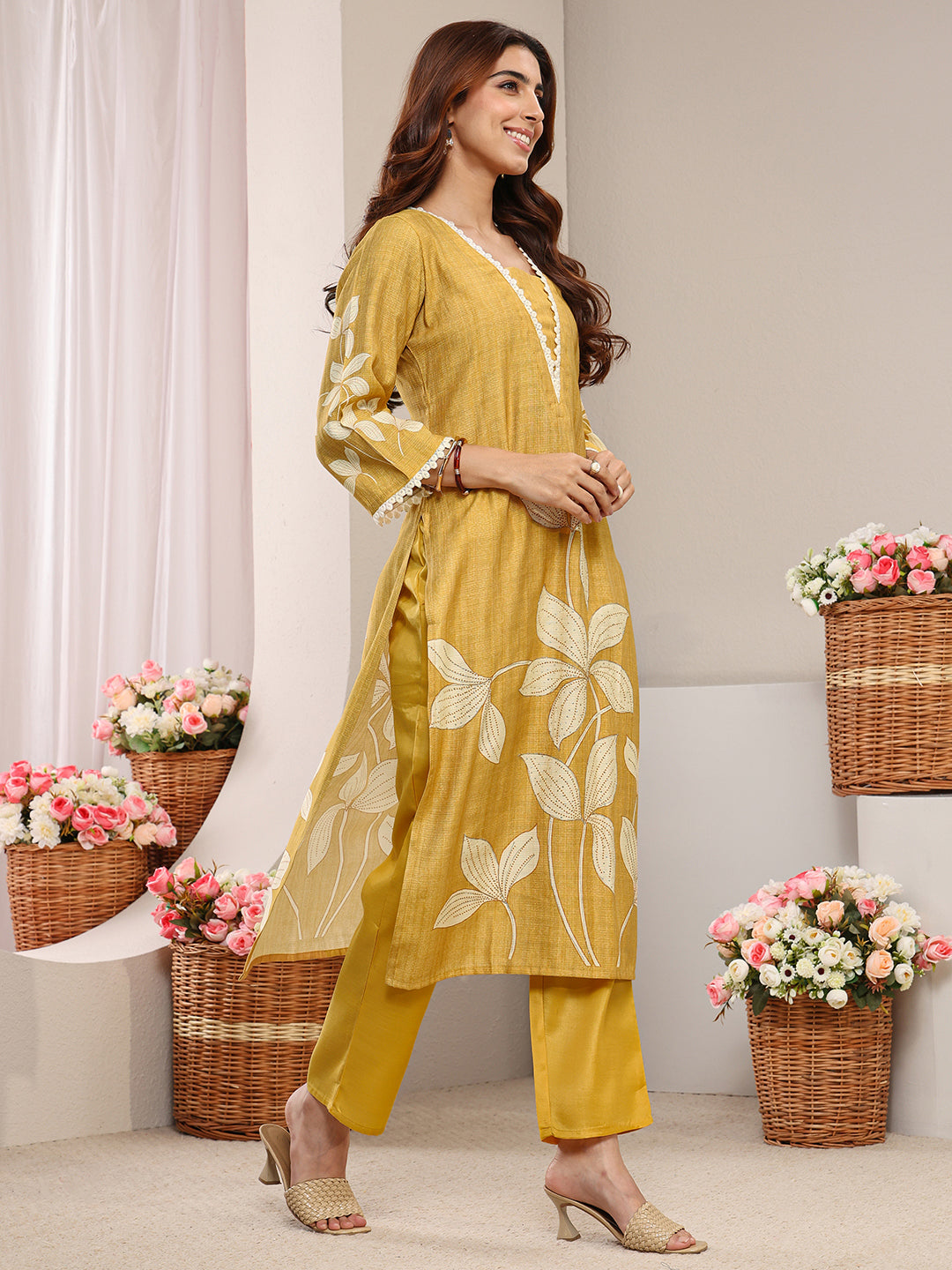Mustard Floral Printed Silk-Blend Straight Suit Set With Dupatta