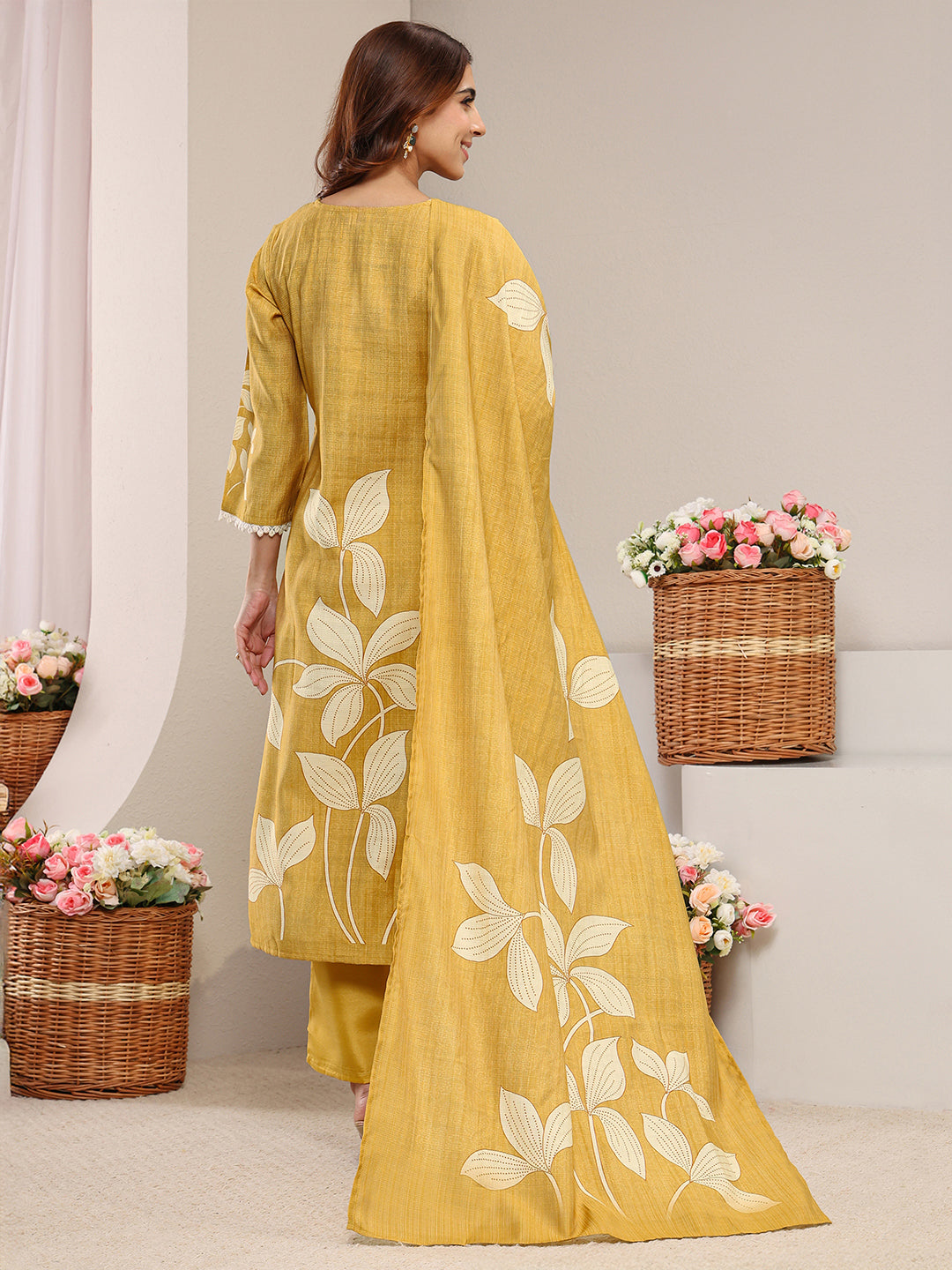 Mustard Floral Printed Silk-Blend Straight Suit Set With Dupatta