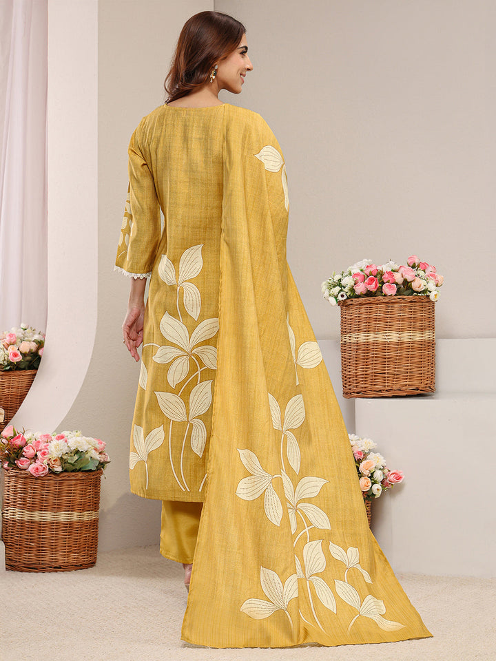 Mustard Floral Printed Silk-Blend Straight Suit Set With Dupatta
