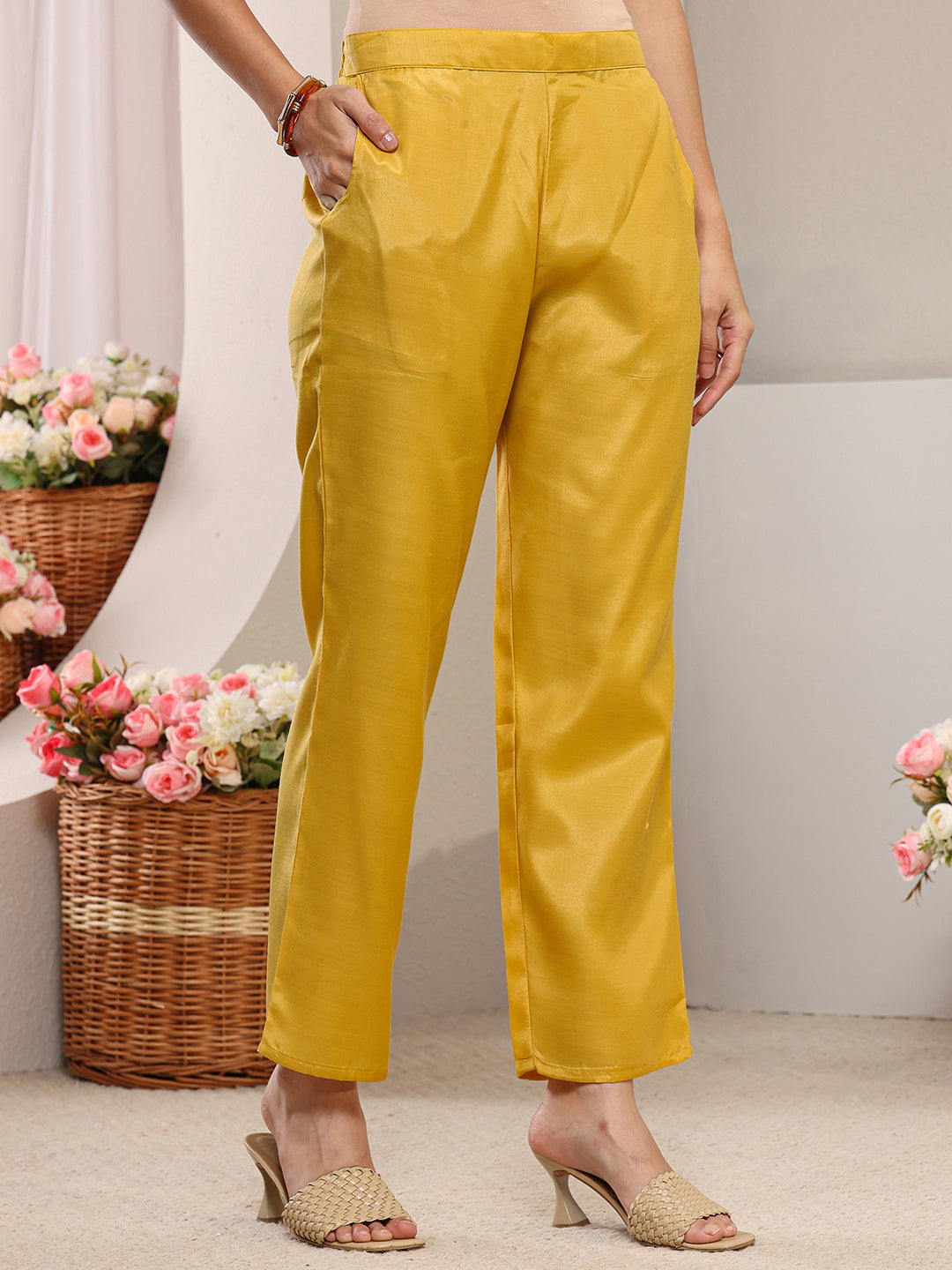 Mustard Floral Printed Silk-Blend Straight Suit Set With Dupatta