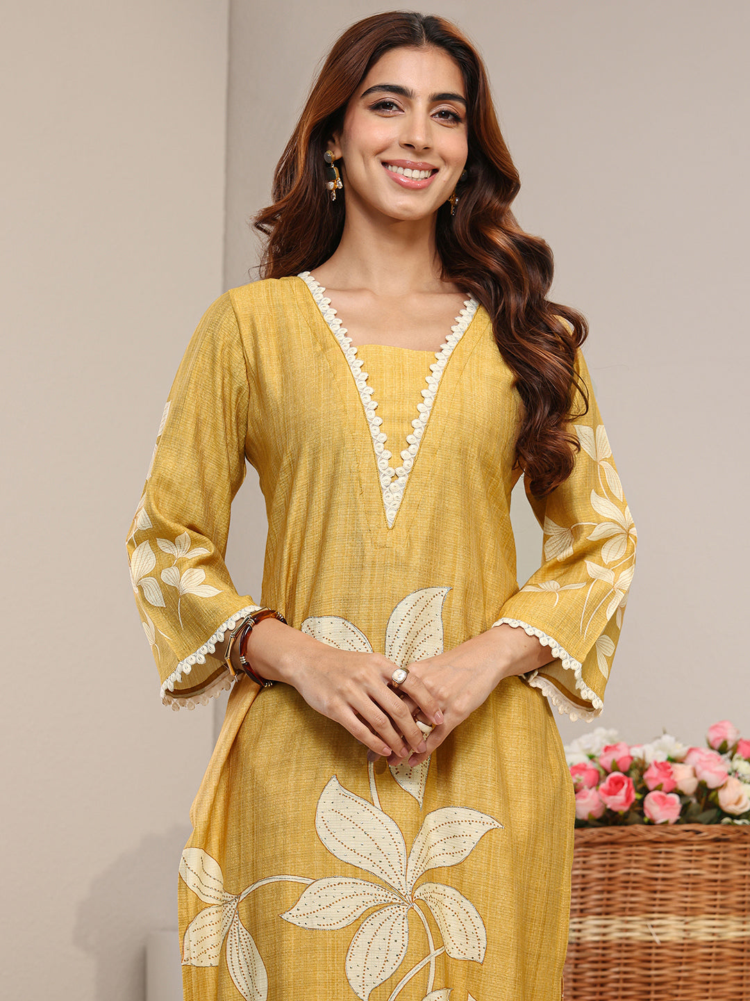 Mustard Floral Printed Silk-Blend Straight Suit Set With Dupatta