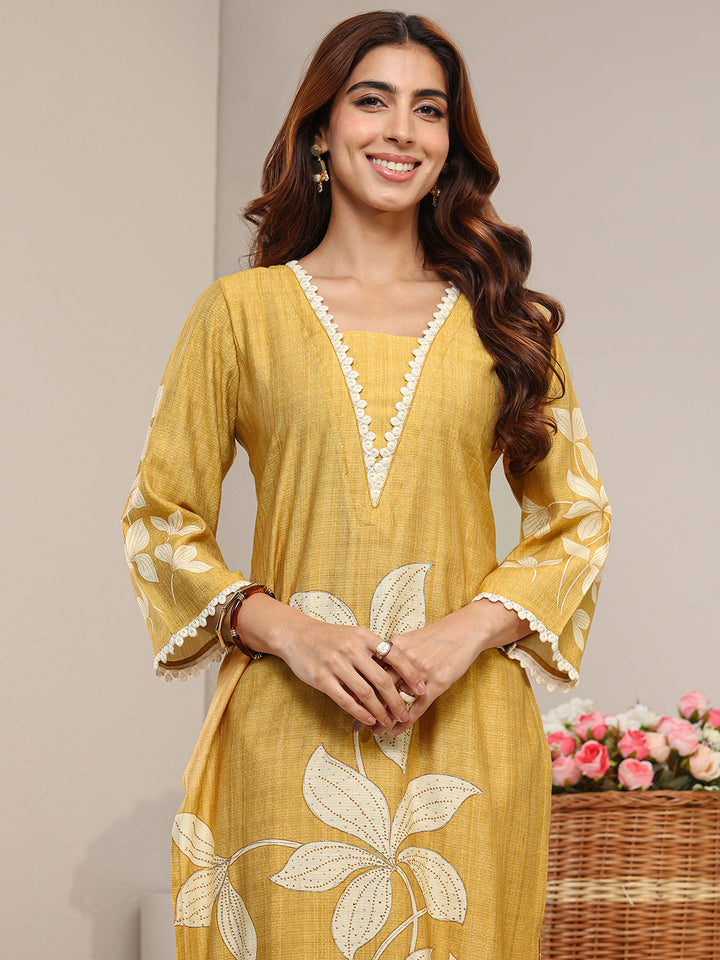Mustard Floral Printed Silk-Blend Straight Suit Set With Dupatta