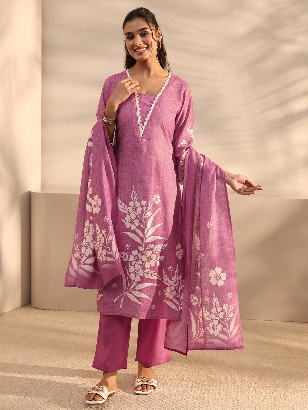 Mauve Floral Printed Silk Blend Straight Suit Set With Dupatta