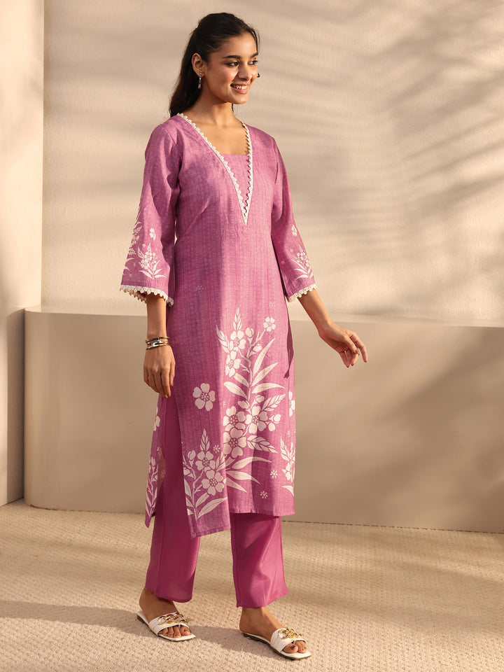 Mauve Floral Printed Silk Blend Straight Suit Set With Dupatta