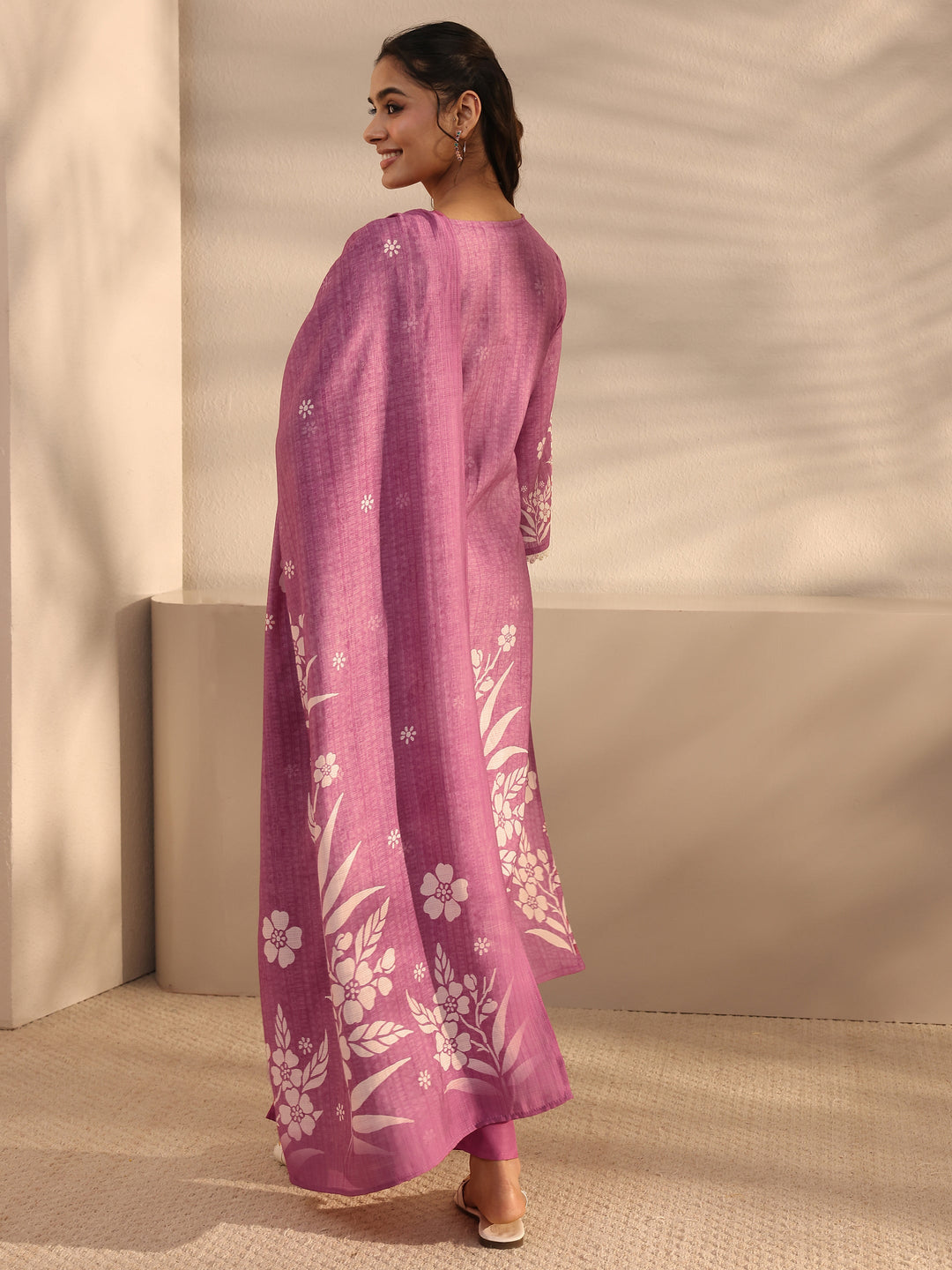 Mauve Floral Printed Silk Blend Straight Suit Set With Dupatta