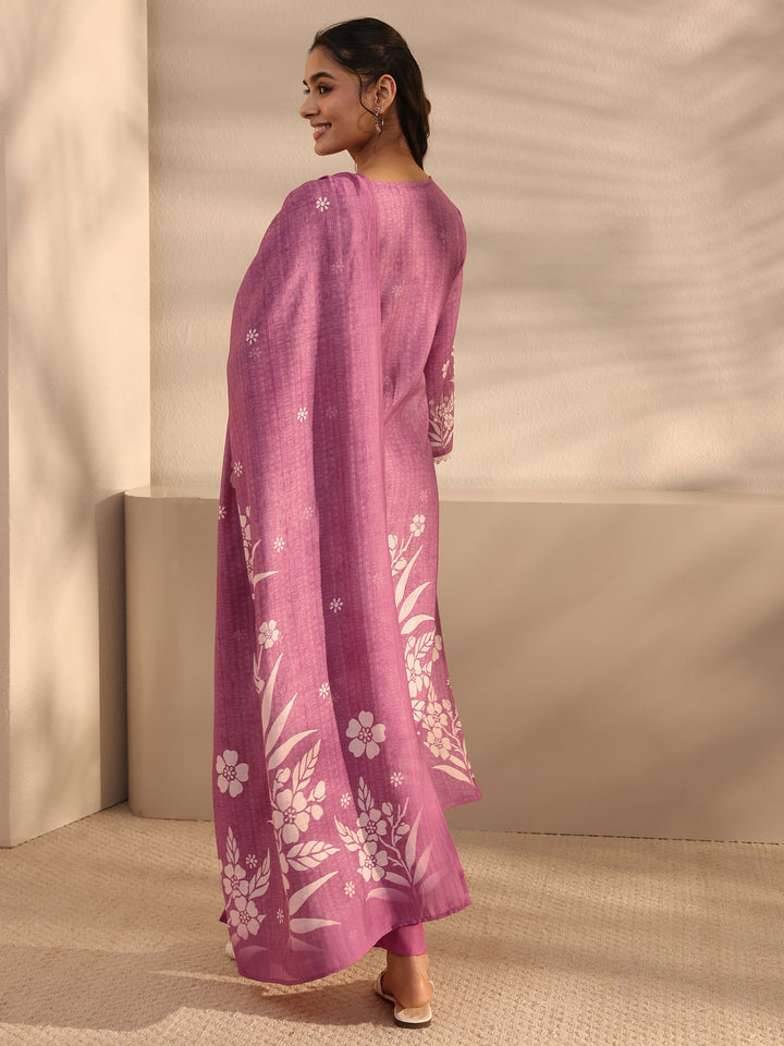 Mauve Floral Printed Silk Blend Straight Suit Set With Dupatta