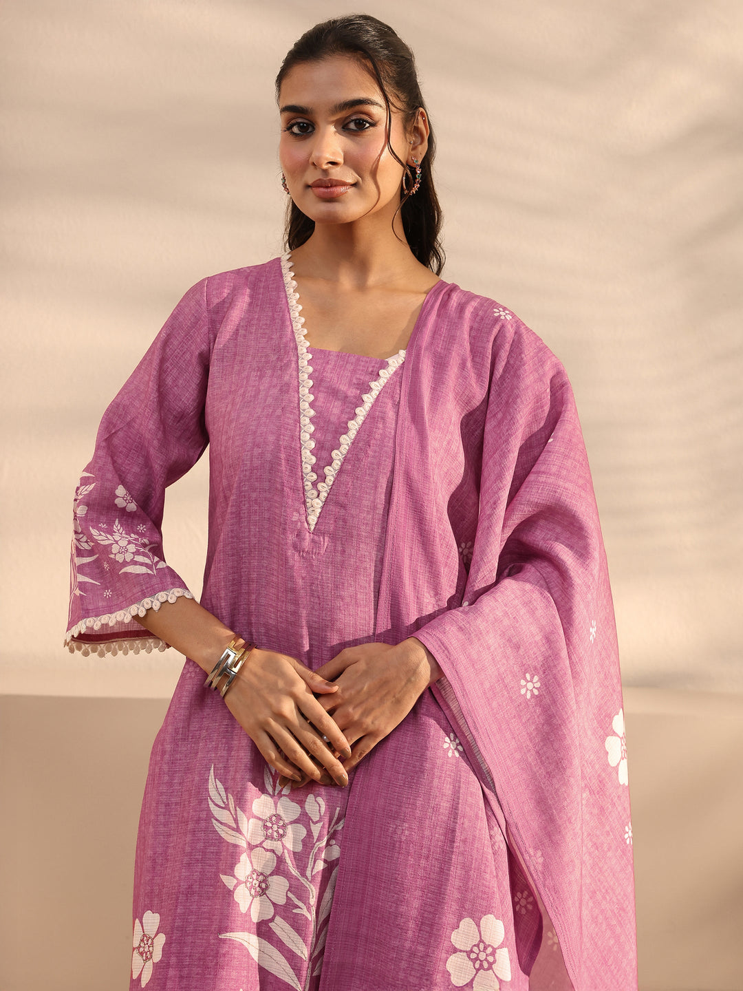 Mauve Floral Printed Silk Blend Straight Suit Set With Dupatta