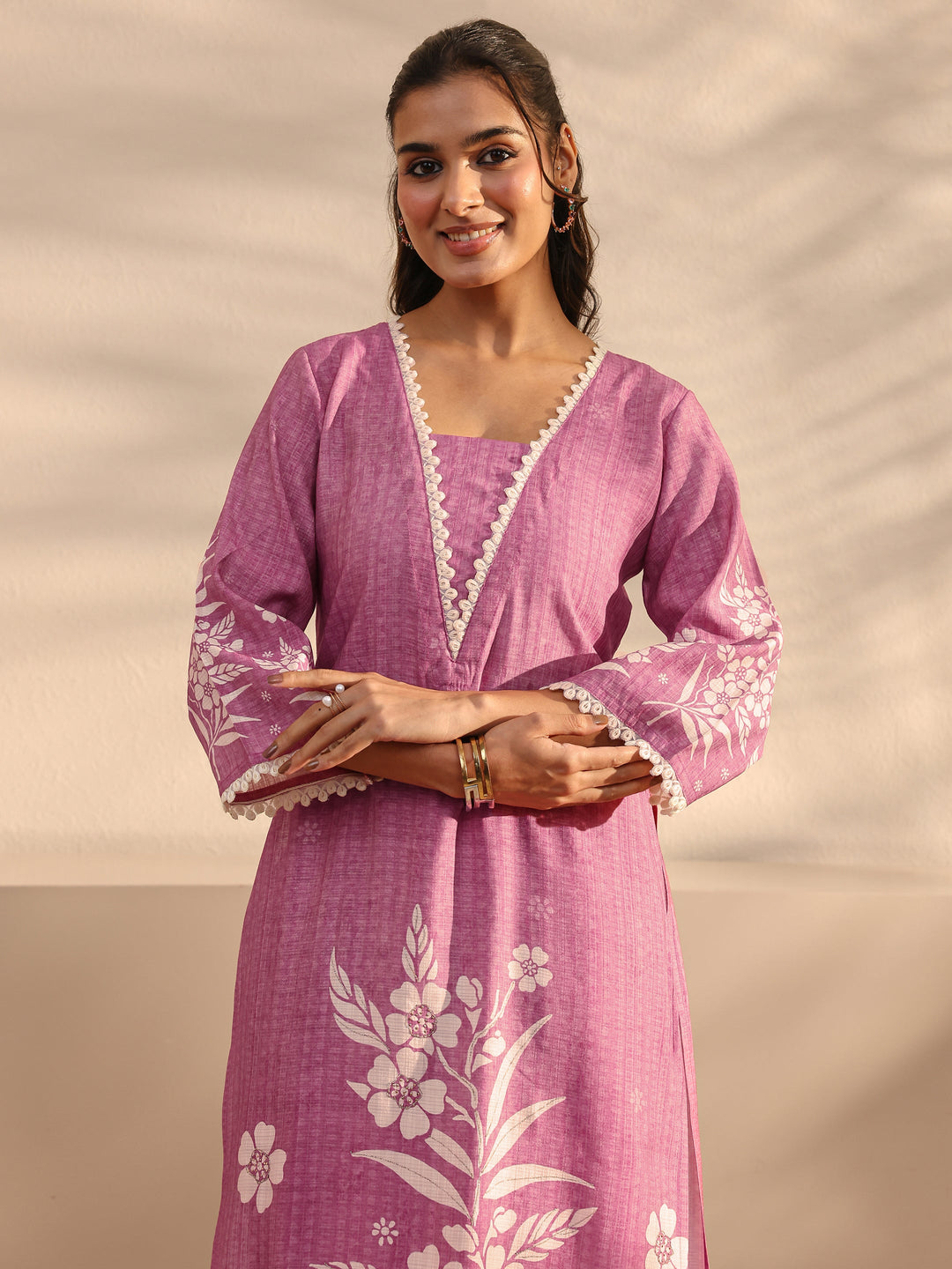 Mauve Floral Printed Silk Blend Straight Suit Set With Dupatta