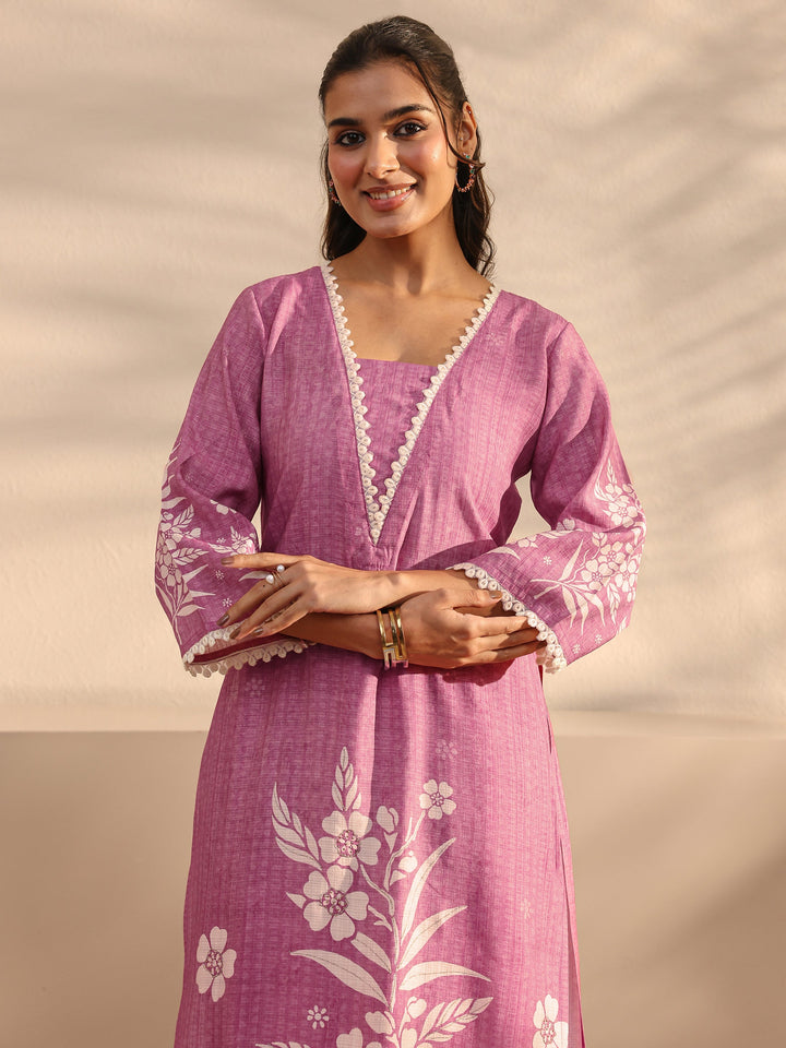 Mauve Floral Printed Silk Blend Straight Suit Set With Dupatta