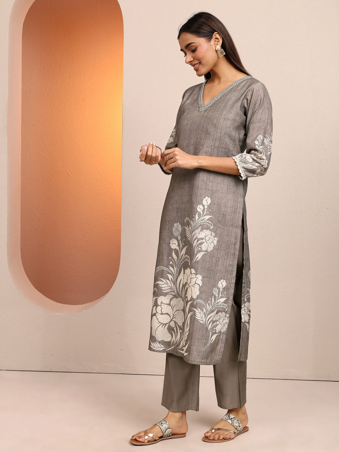 Grey Printed Silk blend Straight Suit Set With Dupatta
