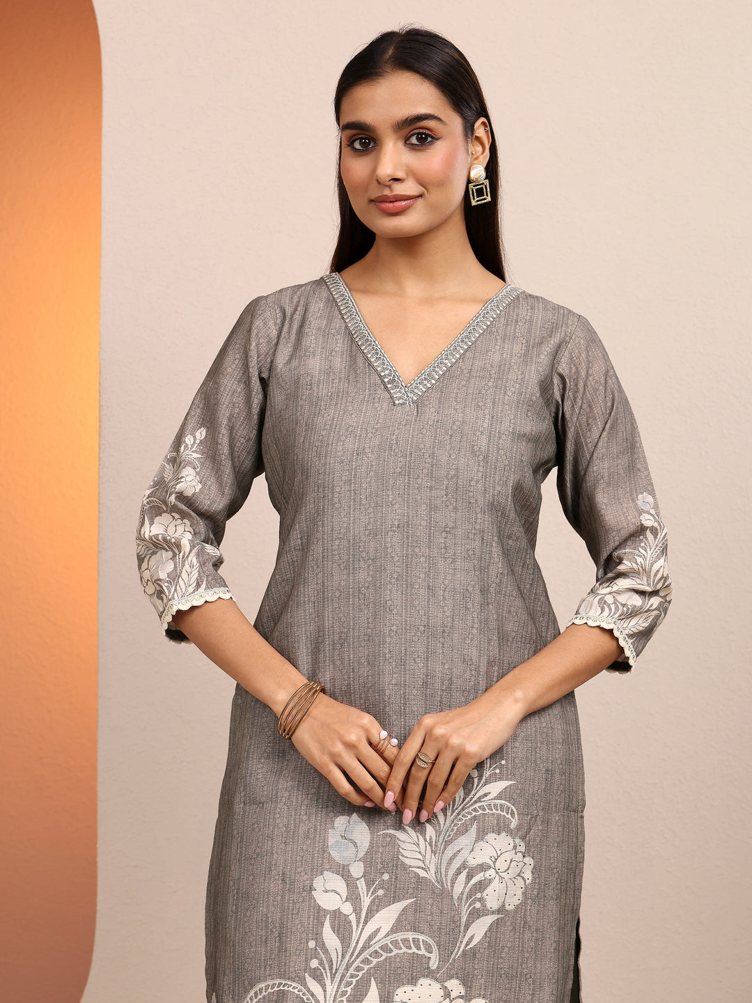 Grey Printed Silk blend Straight Suit Set With Dupatta