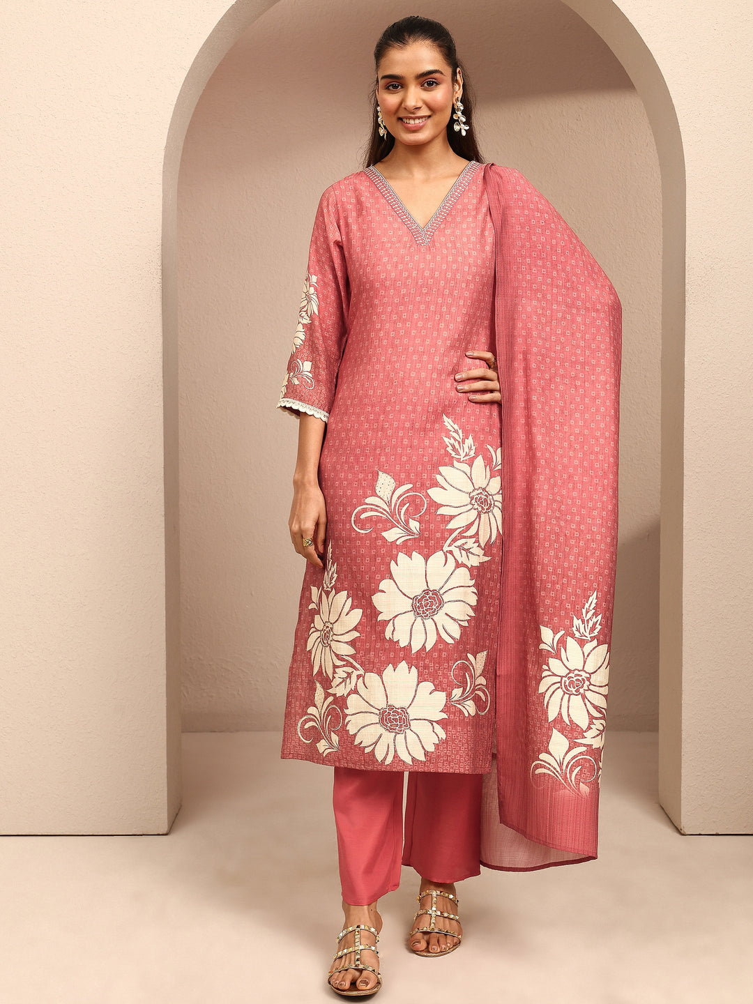 Coral Printed Silk Blend Straight Suit Set With Dupatta