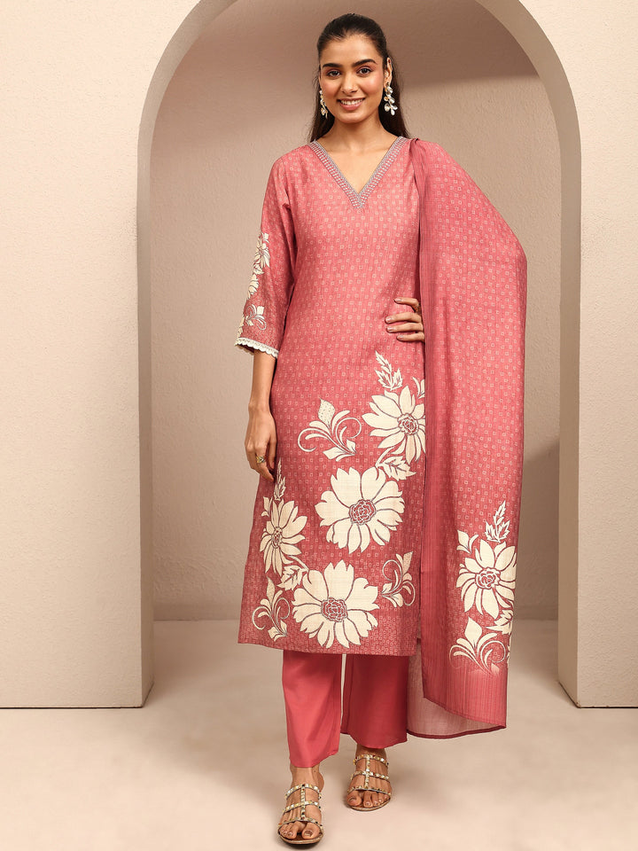 Coral Printed Silk Blend Straight Suit Set With Dupatta