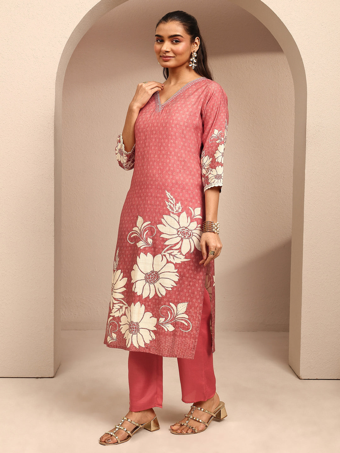 Coral Printed Silk Blend Straight Suit Set With Dupatta
