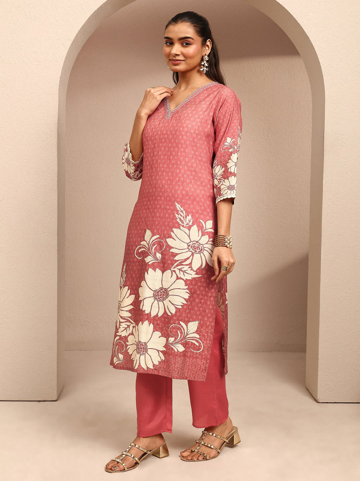 Coral Printed Silk Blend Straight Suit Set With Dupatta