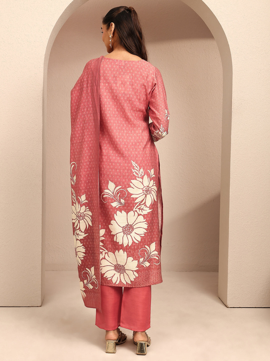 Coral Printed Silk Blend Straight Suit Set With Dupatta